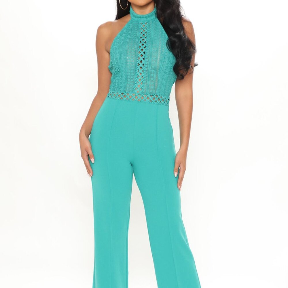 Emerald High Neck Lace Top Wide Leg Jumpsuit- Size S